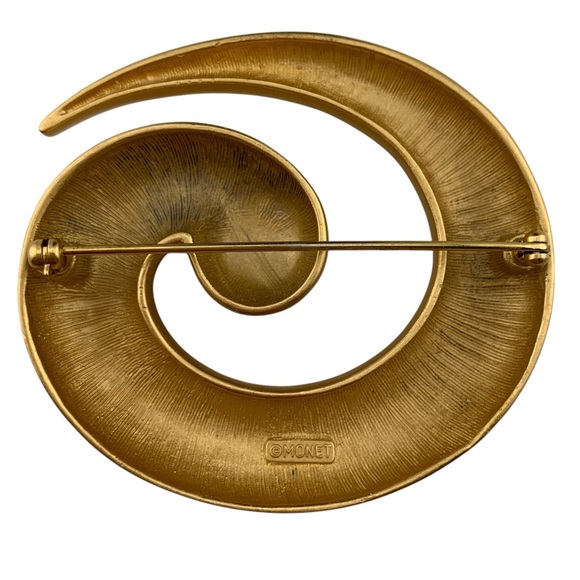 MONET TADPOLE SWIRL BROOCH PIN MATTE BRUSHED GOLD PLATE VINTAGE SIGNED 2-1/4" - Picture 7 of 9